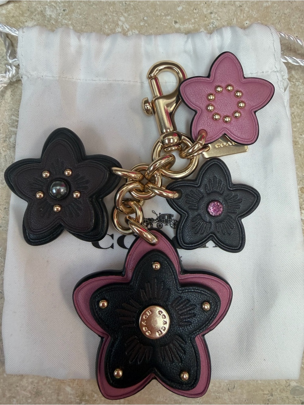 Coach Floral Leather Key & Purse Charm in Black and Pink